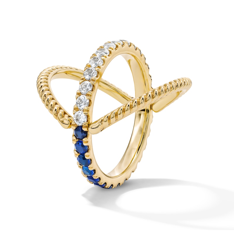 Main Image 4 of Blue and White Lab-Created Sapphire Reversible Ring in Sterling Silver with 14K Gold Plate