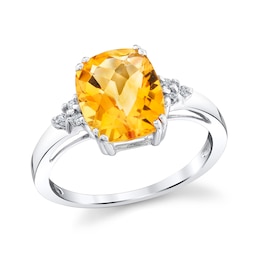 Cushion-Cut Citrine and 1/20 CT. T.W. Diamond Ring in Sterling Silver