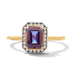 Emerald-Cut Lab-Created Alexandrite and White Lab-Created Sapphire Frame Ring in Sterling Silver with 14K Gold Plate