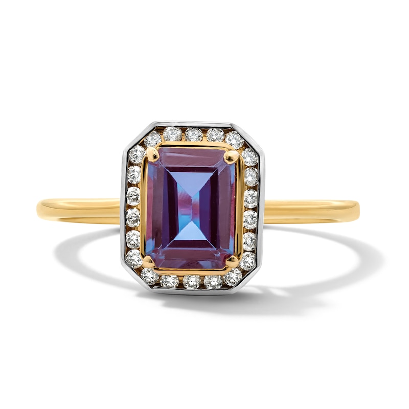 Main Image 1 of Emerald-Cut Lab-Created Alexandrite and White Lab-Created Sapphire Frame Ring in Sterling Silver with 14K Gold Plate