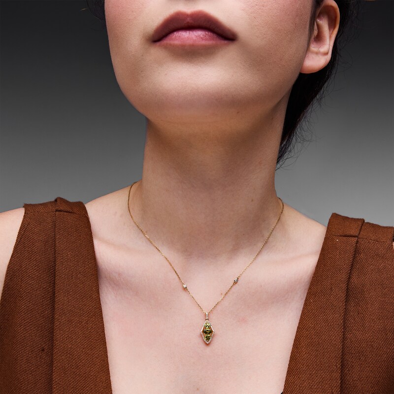 Main Image 2 of Oval Peridot and White Lab-Created Sapphire Arabesque Frame Pendant in Sterling Silver with 14K Gold Plate