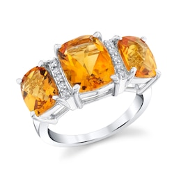Cushion-Cut Citrine and 1/10 CT. T.W. Diamond Three-Stone Ring in Sterling Silver