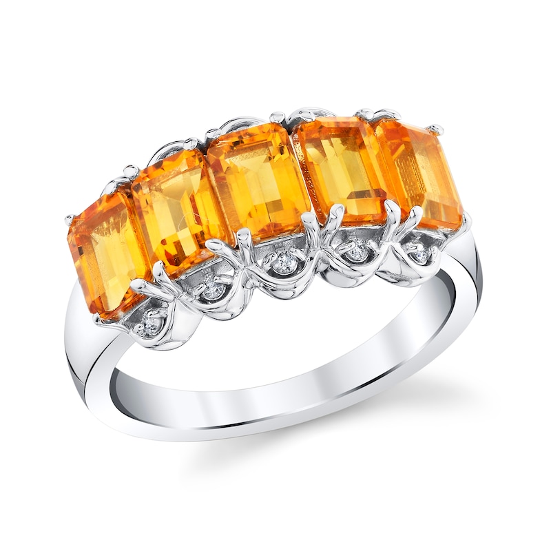 Main Image 1 of Emerald-Cut Citrine and 1/15 CT. T.W. Diamond Ring in Sterling Silver