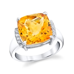 Cushion-Cut Citrine and 1/15 CT. T.W. Diamond Ring in Sterling Silver