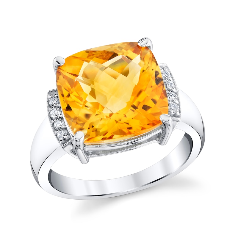 Main Image 1 of Cushion-Cut Citrine and 1/15 CT. T.W. Diamond Ring in Sterling Silver