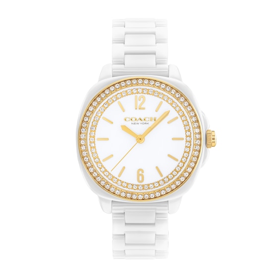 Ladies' Coach Kitt White Ceramic Analog Watch with White Dial and Crystal Bezel (Model: 14504562)