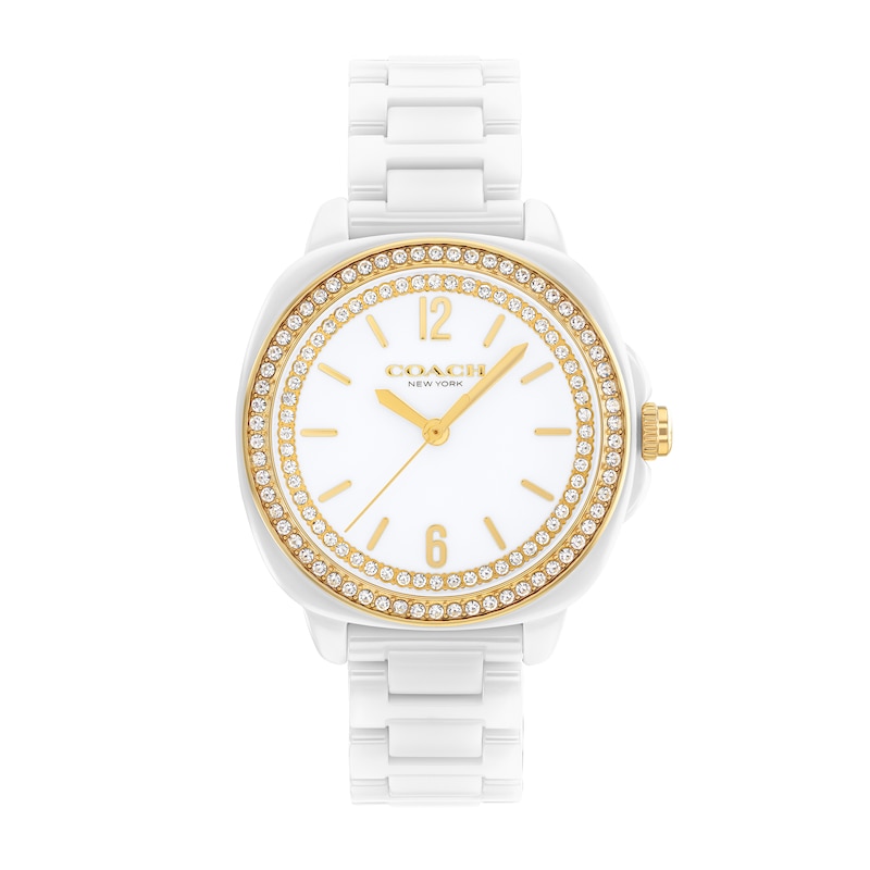 Main Image 1 of Ladies' Coach Kitt White Ceramic Analog Watch with White Dial and Crystal Bezel (Model: 14504562)