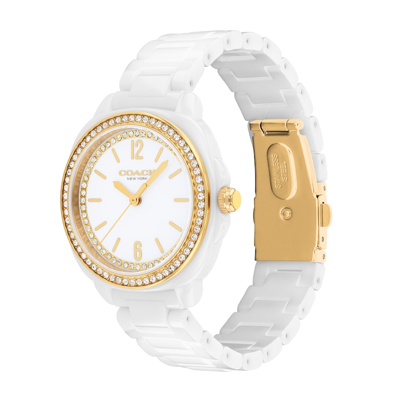 Main Image 2 of Ladies' Coach Kitt White Ceramic Analog Watch with White Dial and Crystal Bezel (Model: 14504562)
