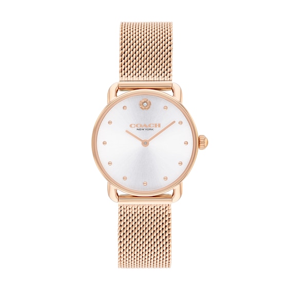 Ladies' Coach Rose-Tone IP Analog Watch with Silver-Tone Dial and Mesh Band (Model: 14504222)