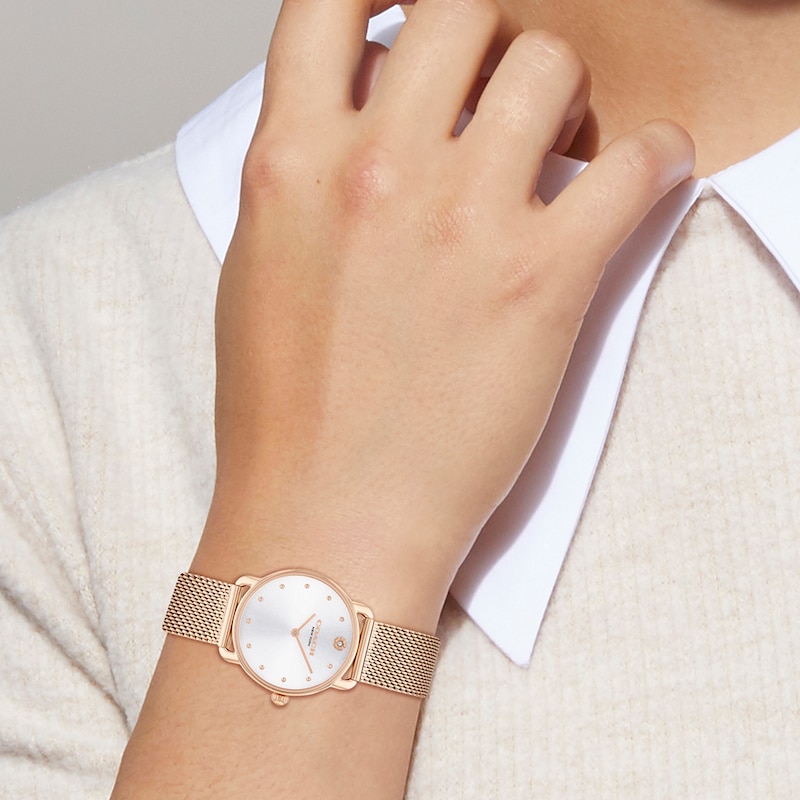 Main Image 4 of Ladies' Coach Rose-Tone IP Analog Watch with Silver-Tone Dial and Mesh Band (Model: 14504222)