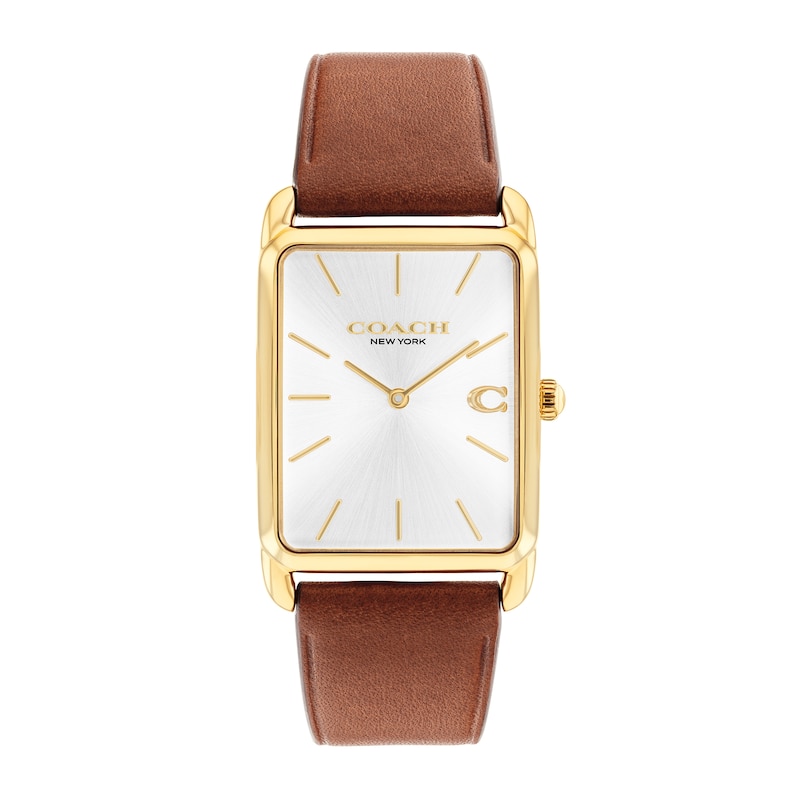 Main Image 1 of Unisex Coach Analog Watch with Silver-Tone Rectangle Dial and Brown Leather Strap (Model: 14400044)