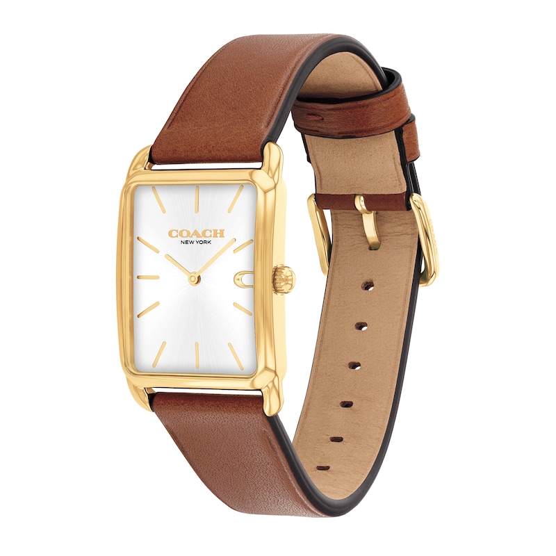 Main Image 2 of Unisex Coach Analog Watch with Silver-Tone Rectangle Dial and Brown Leather Strap (Model: 14400044)