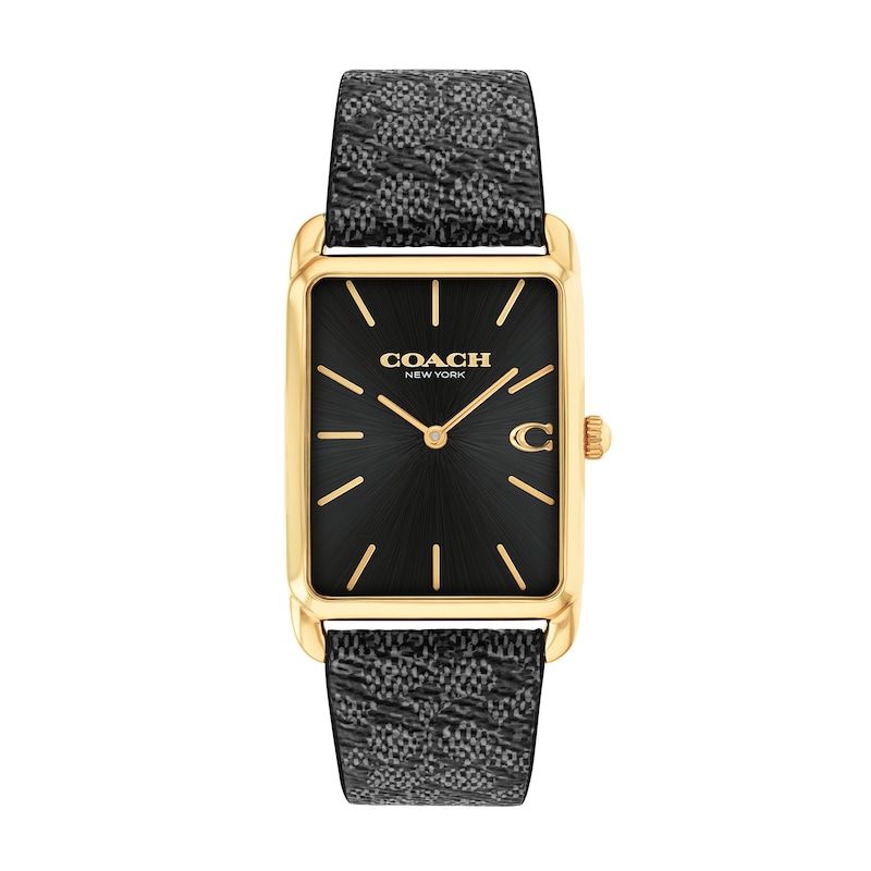 Main Image 1 of Unisex Coach Gold-Tone IP Analog Watch with Black Rectangle Dial and Brown Leather Strap (Model: 14400045)