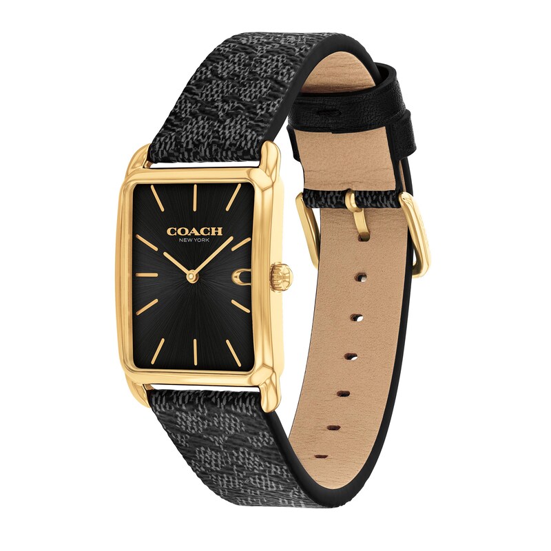 Main Image 2 of Unisex Coach Gold-Tone IP Analog Watch with Black Rectangle Dial and Brown Leather Strap (Model: 14400045)