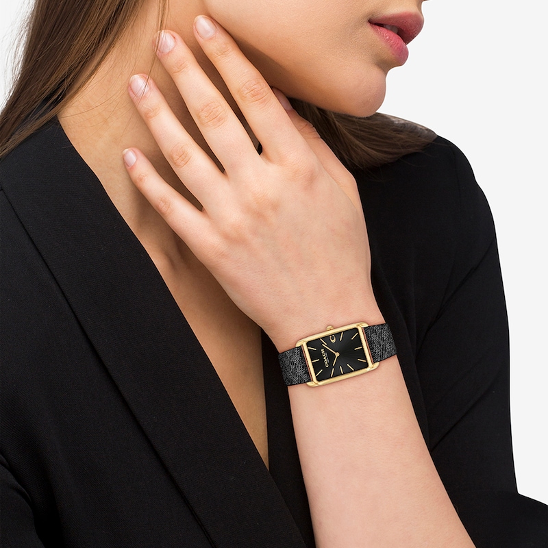 Main Image 4 of Unisex Coach Gold-Tone IP Analog Watch with Black Rectangle Dial and Brown Leather Strap (Model: 14400045)