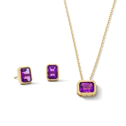 Emerald-Cut Amethyst Solitaire Pendant and Stud Earrings Set in Sterling Silver with 14K Gold Plate