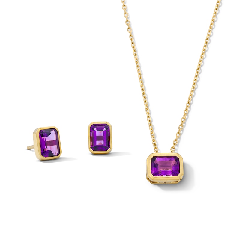 Main Image 1 of Emerald-Cut Amethyst Solitaire Pendant and Stud Earrings Set in Sterling Silver with 14K Gold Plate