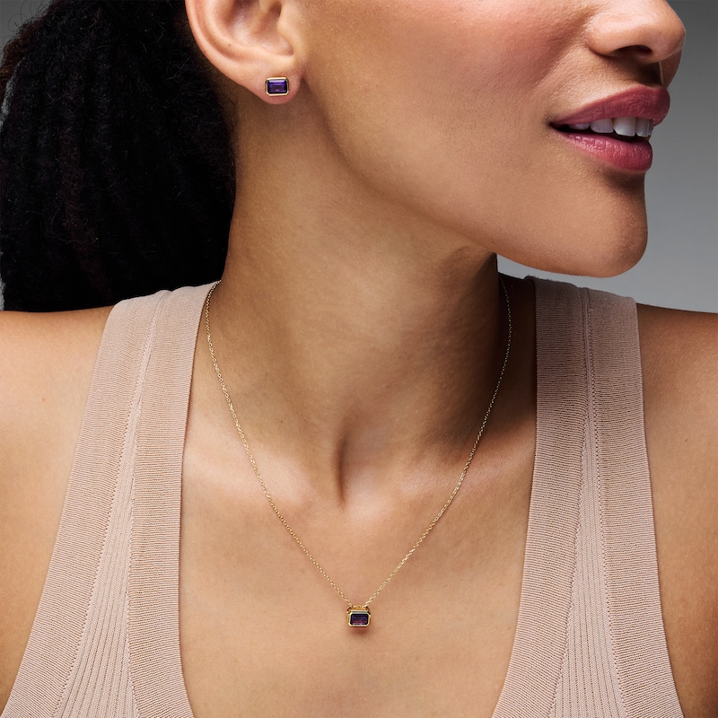 Main Image 2 of Emerald-Cut Amethyst Solitaire Pendant and Stud Earrings Set in Sterling Silver with 14K Gold Plate
