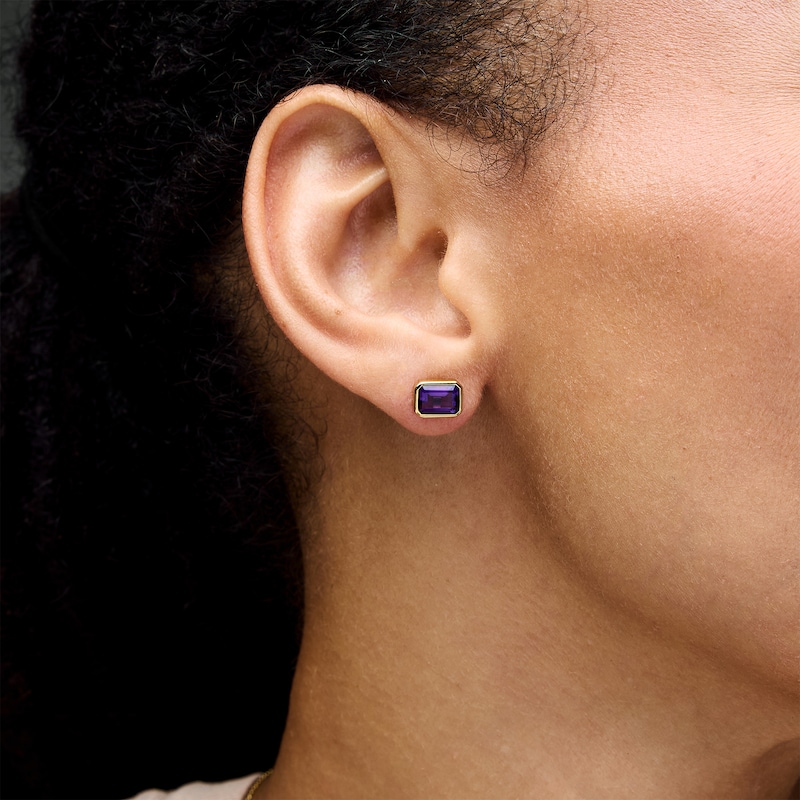 Main Image 3 of Emerald-Cut Amethyst Solitaire Pendant and Stud Earrings Set in Sterling Silver with 14K Gold Plate