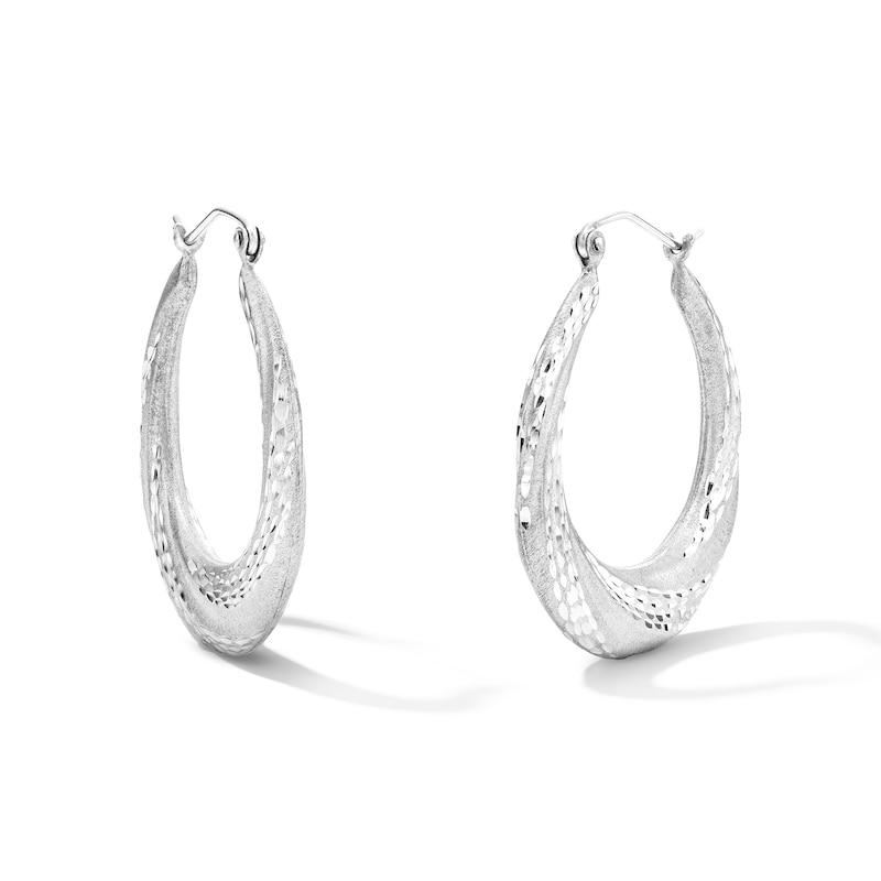 Main Image 1 of Diamond-Cut and Satin-Finish Tapered Hoop Earrings in Sterling Silver