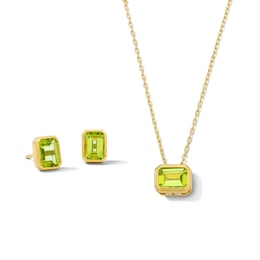 Emerald-Cut Peridot Solitaire Pendant and Stud Earrings Set in Sterling Silver with 14K Gold Plate