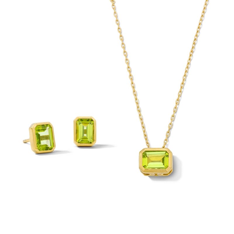 Main Image 1 of Emerald-Cut Peridot Solitaire Pendant and Stud Earrings Set in Sterling Silver with 14K Gold Plate