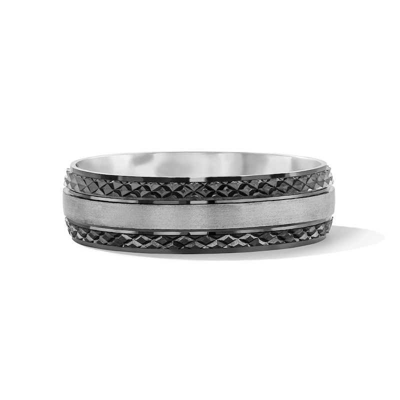 Main Image 1 of Diamond-Cut Textured-Edge Wedding Band in Sterling Silver and Black Rhodium Plate
