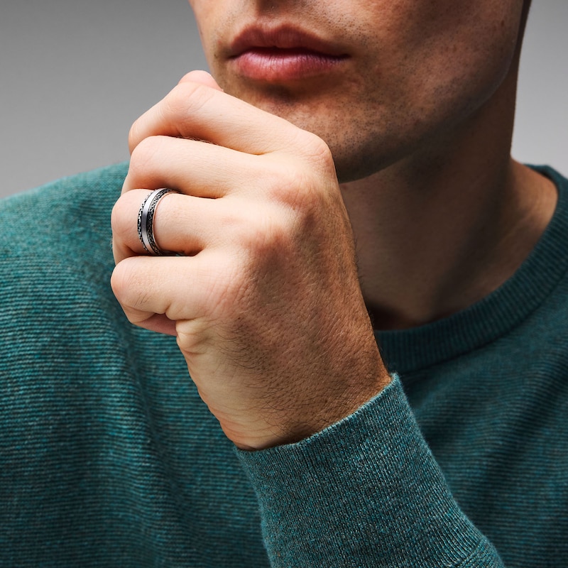 Main Image 2 of Diamond-Cut Textured-Edge Wedding Band in Sterling Silver and Black Rhodium Plate
