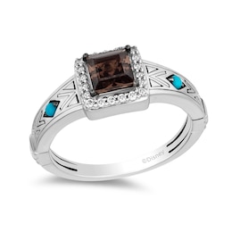 Enchanted Disney Pocahontas Princess-Cut Smoky Quartz, Turquoise and 1/10 CT. T.W. Diamond Ring in Sterling Silver