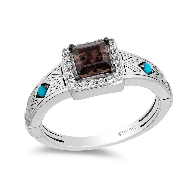 Main Image 1 of Enchanted Disney Pocahontas Princess-Cut Smoky Quartz, Turquoise and 1/10 CT. T.W. Diamond Ring in Sterling Silver