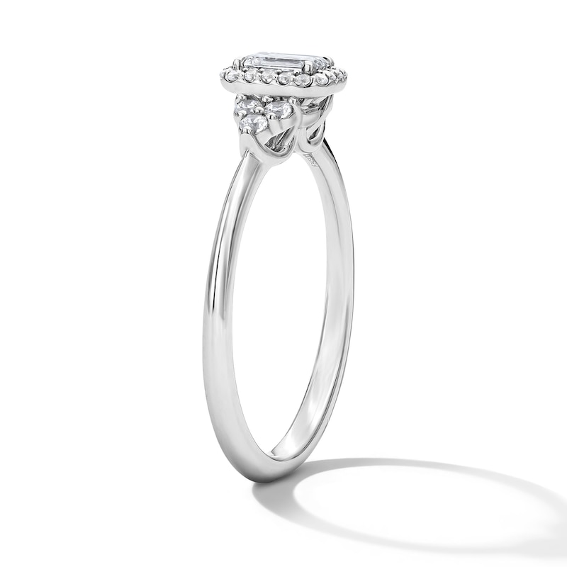 Main Image 4 of 1/2 CT. T.W. Emerald-Cut Lab-Grown Diamond Frame Engagement Ring in 10K White Gold (F/VS2)