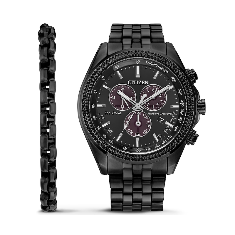 Main Image 1 of Men’s Citizen Eco-Drive® Perpetual Calendar Chrono Watch with Black Dial and Bracelet Set (Model: BL5627-57E)