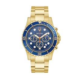 Men's Bulova Chronograph Watch in Gold-Tone Stainless Steel with Blue Dial (Model: 98B377)