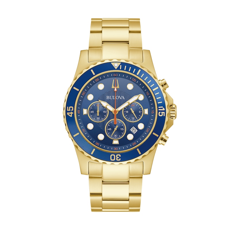 Main Image 1 of Men's Bulova Chronograph Watch in Gold-Tone Stainless Steel with Blue Dial (Model: 98B377)