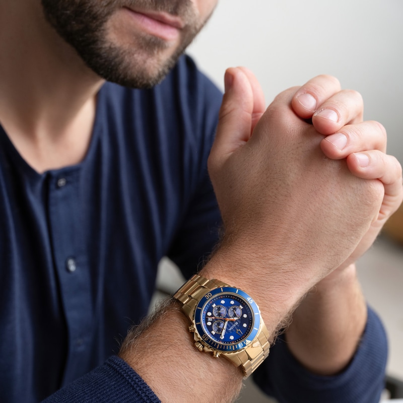 Main Image 4 of Men's Bulova Chronograph Watch in Gold-Tone Stainless Steel with Blue Dial (Model: 98B377)