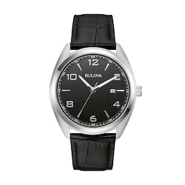 Men's Bulova Classic Analog Watch in Stainless Steel with Black Dial and Black Leather Strap (Model: 96B453)