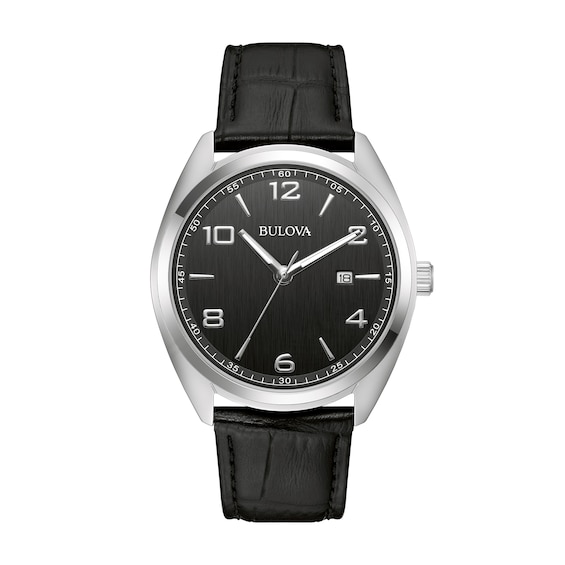 Men's Bulova Classic Analog Watch in Stainless Steel with Black Dial and Black Leather Strap (Model: 96B453)