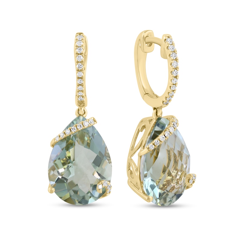 Main Image 1 of EFFY™ Pear-Shaped Green Quartz and 1/8 CT.T.W. Diamond Swirl Hoop Drop Earrings in 14K Gold