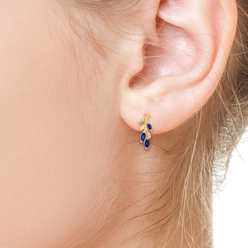 Main Image 3 of EFFY™ Marquise-Cut Blue Sapphire and 1/20 CT. T.W. Diamond Vine Drop Earrings in 14K Gold