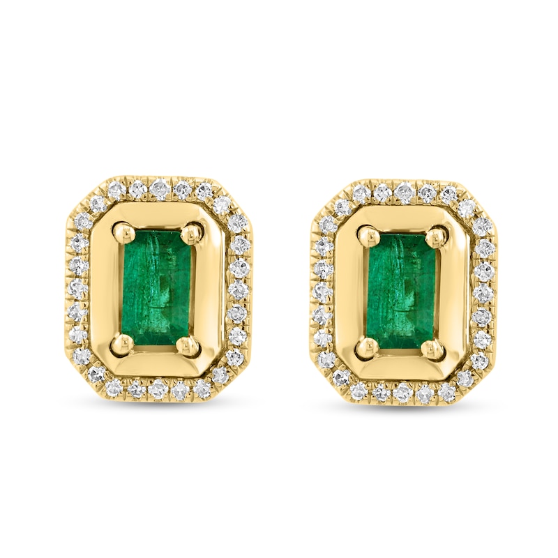 Main Image 2 of EFFY™ Emerald-Cut Emerald and 1/6 CT. T.W. Diamond Frame Stud Earrings in 14K Gold