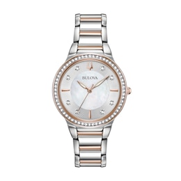 Ladies' Bulova Analog Watch in Two-Tone Stainless Steel with Mother-of-Pearl Dial and Crystal Bezel (Model: 98L258)