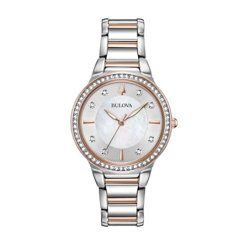 Main Image 1 of Ladies' Bulova Analog Watch in Two-Tone Stainless Steel with Mother-of-Pearl Dial and Crystal Bezel (Model: 98L258)
