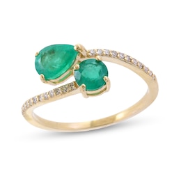 EFFY™ Pear-Shaped Emerald and 1/10 CT. T.W. Diamond Bypass Ring in 14K Gold