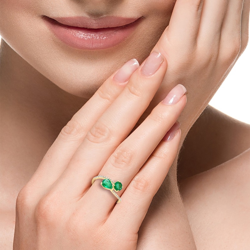 Main Image 4 of EFFY™ Pear-Shaped Emerald and 1/10 CT. T.W. Diamond Bypass Ring in 14K Gold