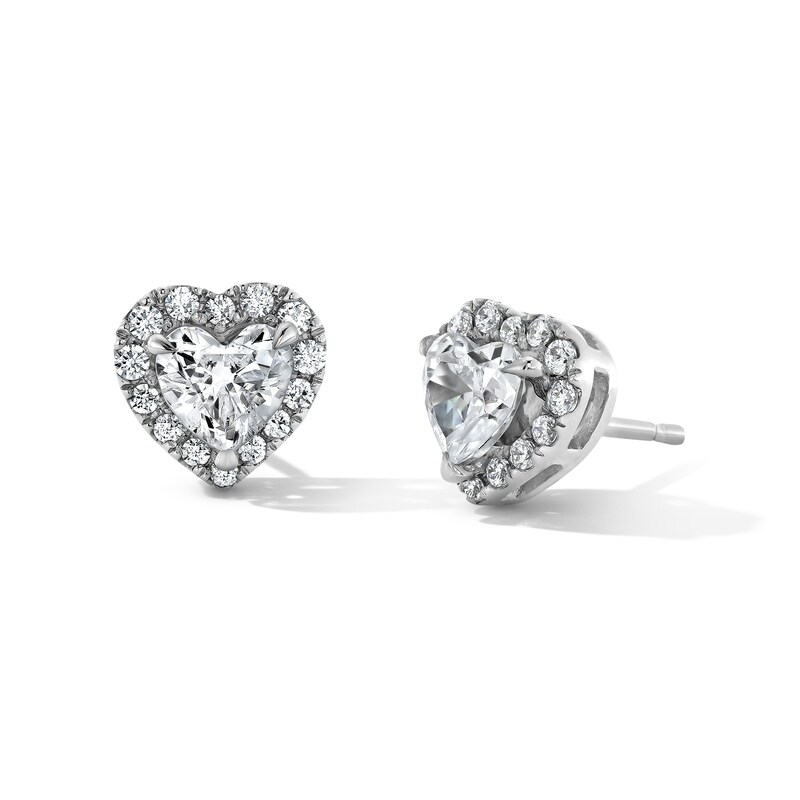 Main Image 1 of 1 CT. T.W. Heart-Shaped Certified Lab-Grown Diamond Halo Stud Earrings in Sterling Silver (F/VS2)