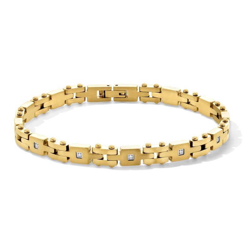 Main Image 1 of 1/10 CT. T.W. Diamond Square Link Bracelet in Stainless Steel with Yellow Ion Plate - 8.5"
