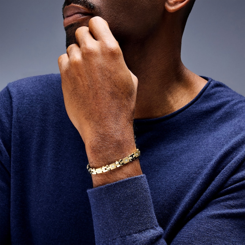 Main Image 2 of 1/10 CT. T.W. Diamond Square Link Bracelet in Stainless Steel with Yellow Ion Plate - 8.5"