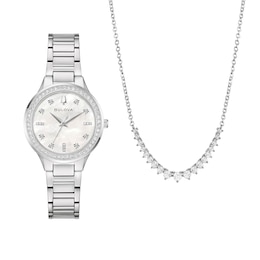 Ladies' Bulova Crystal Stainless Steel Watch with Mother-of-Pearl Dial and Necklace Set (Model: 96X167)
