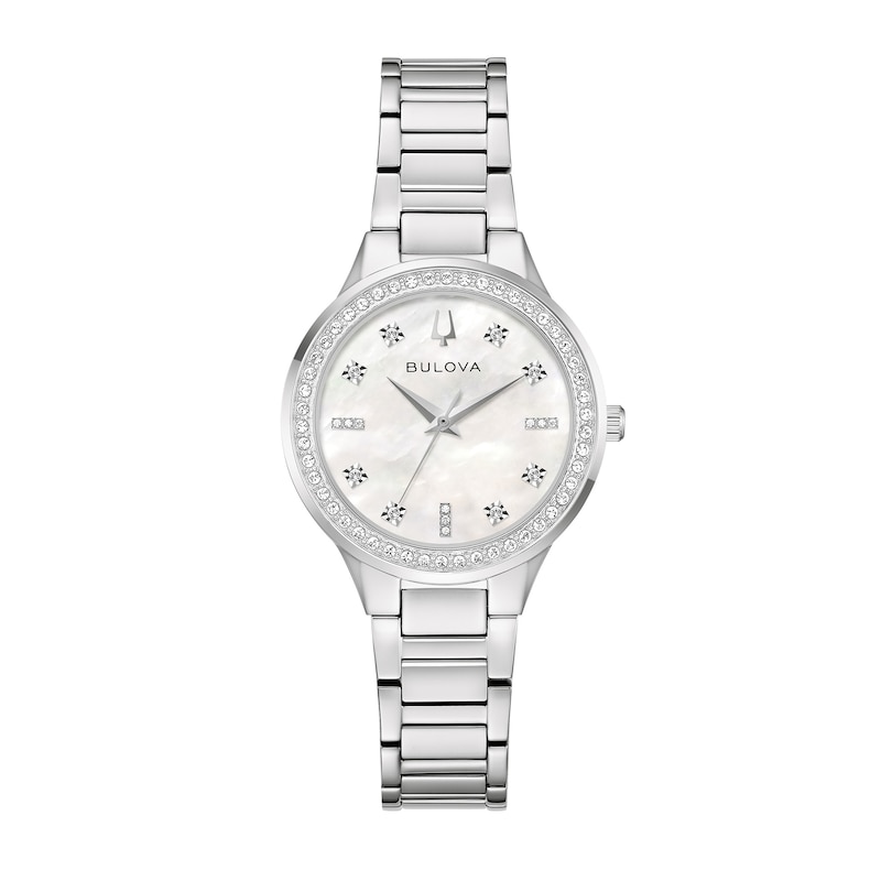 Main Image 2 of Ladies' Bulova Crystal Stainless Steel Watch with Mother-of-Pearl Dial and Necklace Set (Model: 96X167)
