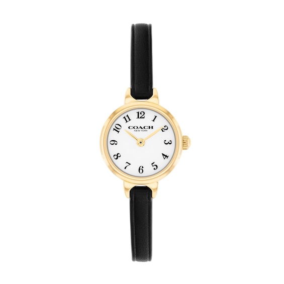 Ladies' Coach Iris Gold-Tone IP Stainless Steel Watch with Chalk Dial and Black Leather Strap (Model: 14504654-T)